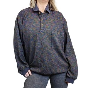 2X Mens Navy Blue Henley‎ Sweater Thin Rainbow Speckled VTG 80s 90s Polo
